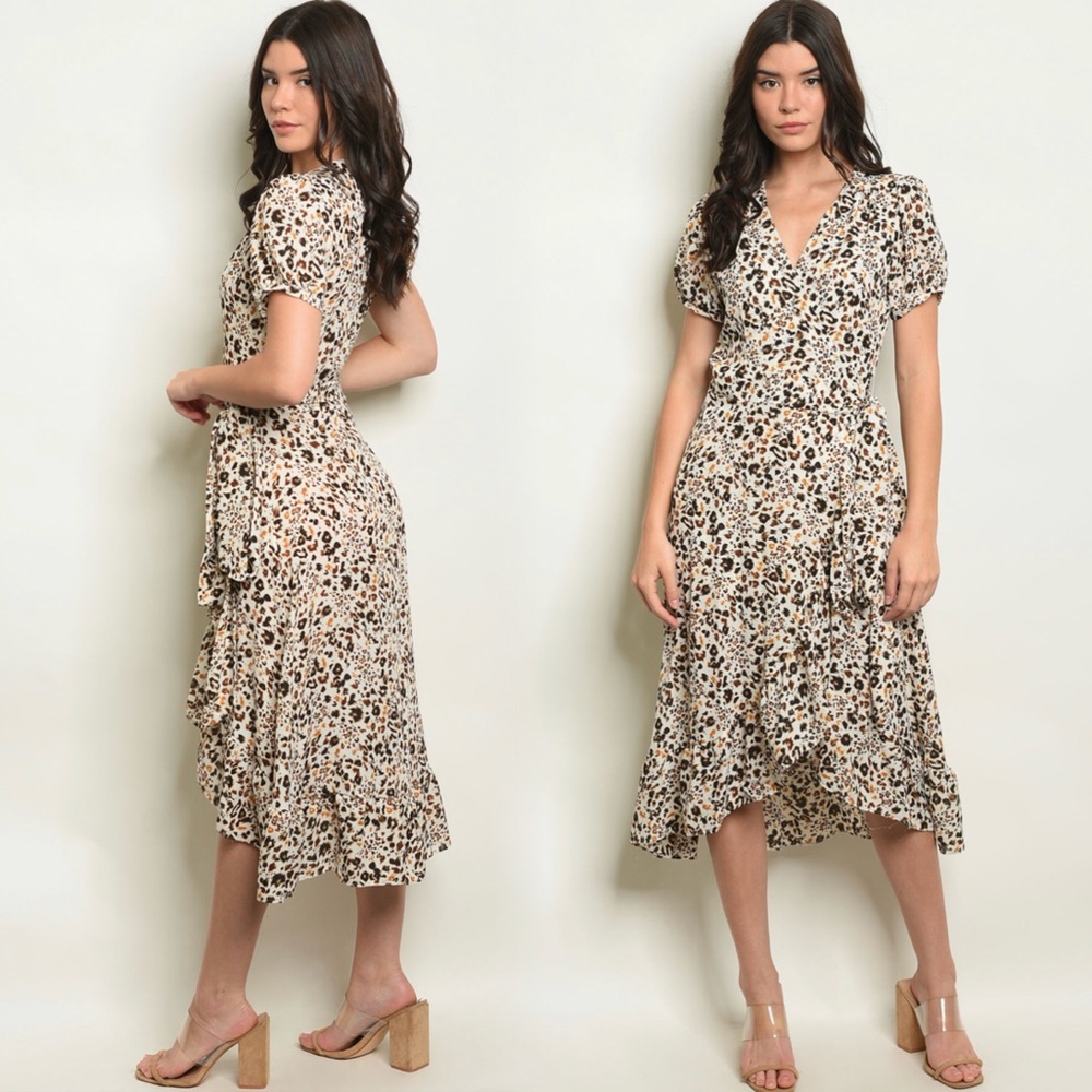 Leopard Print V-Neck WRAP Midi Dress